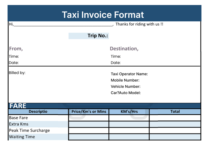 Taxi Invoice format