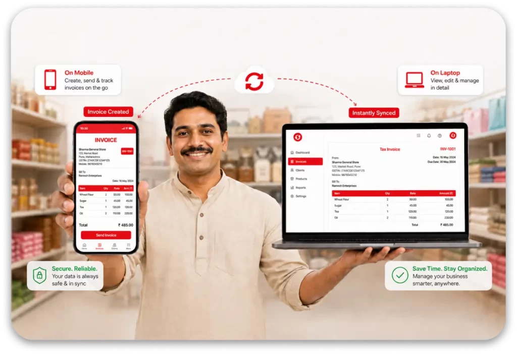 Small business owner holding phone and laptop showing vyapar multi-device sync