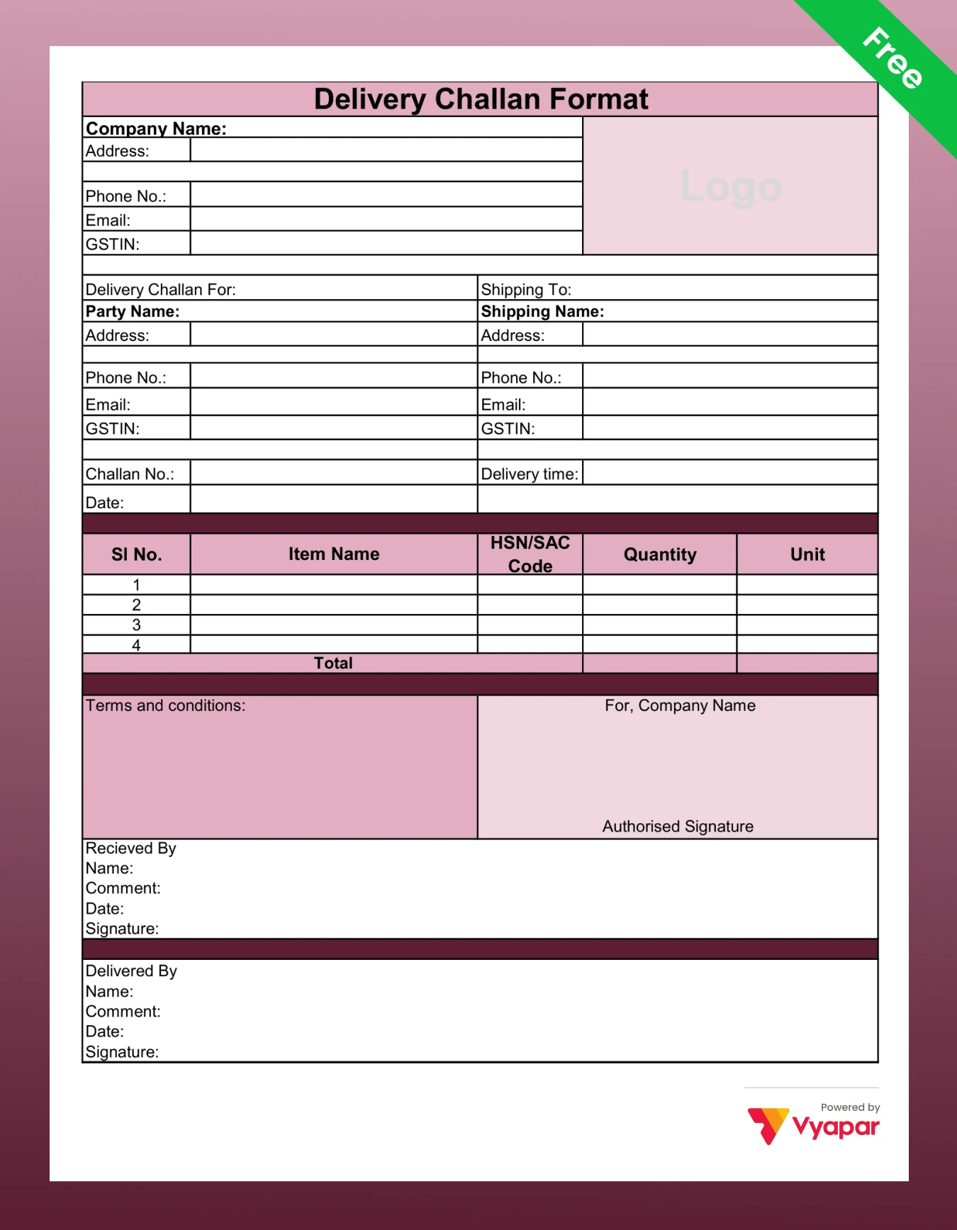 Hotel bill format Delivery Challan Format in word