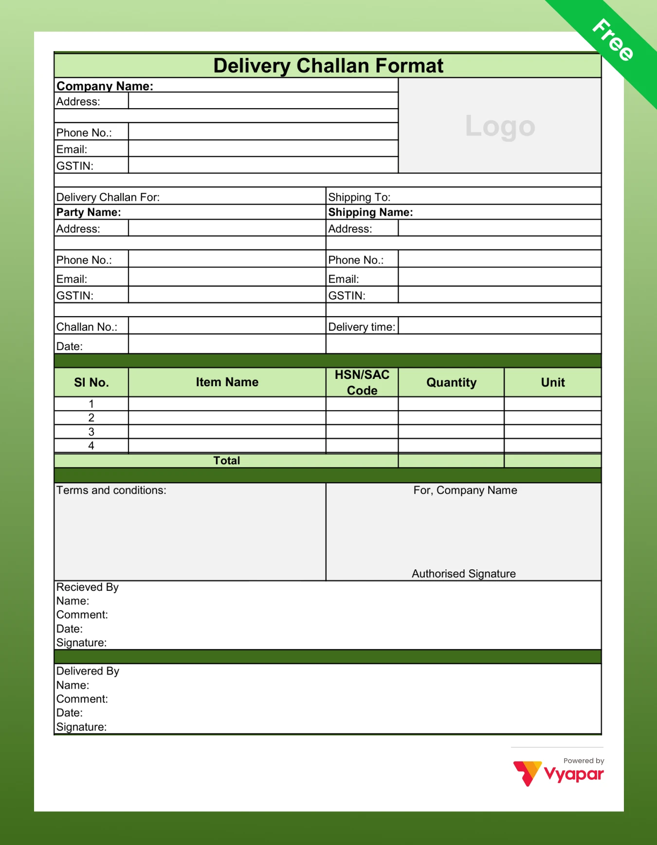 Hotel bill format Delivery Challan Format in Word