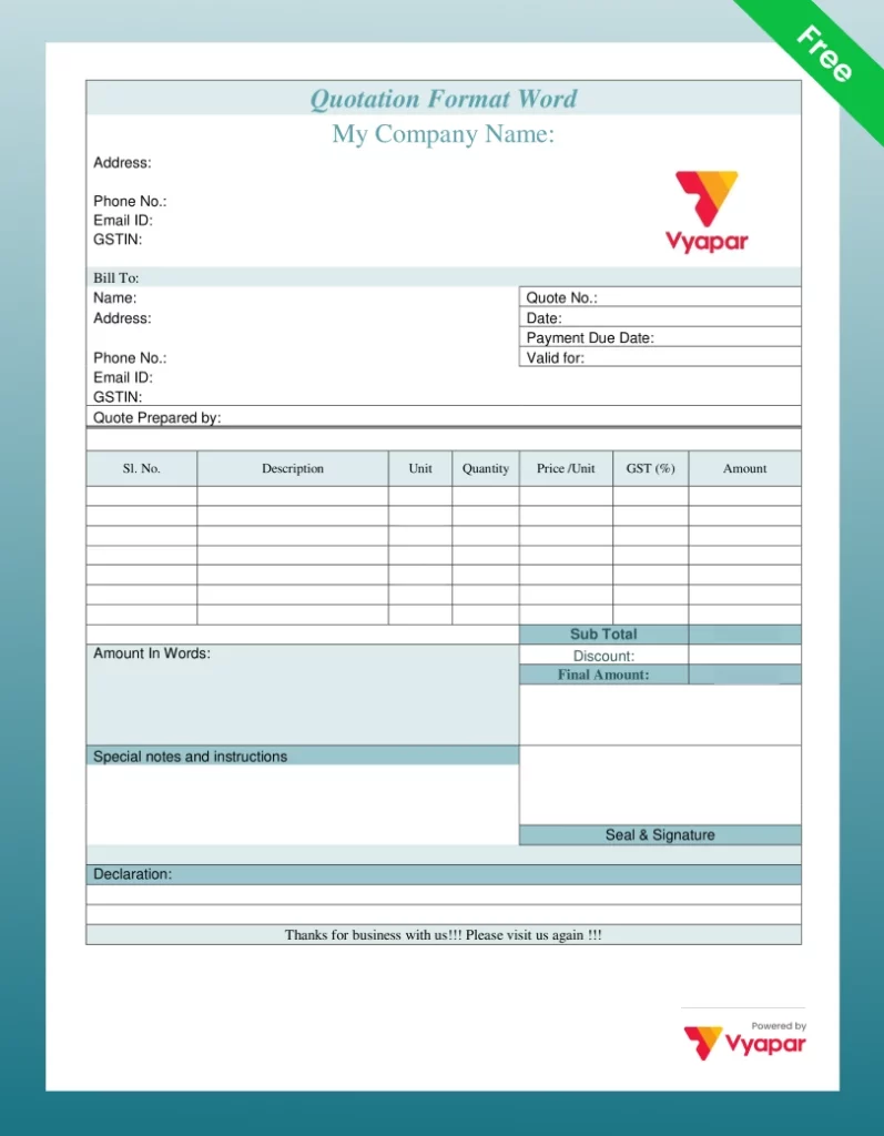 Formal Business Quotation Format in Word