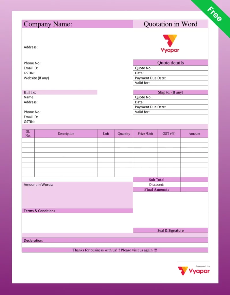 Simple One-Page Quotation Format in Word