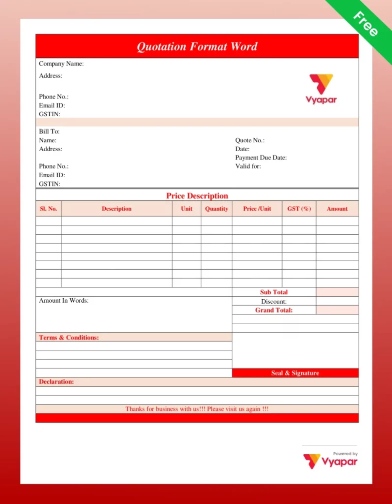 Wholesale Quotation Format in Word