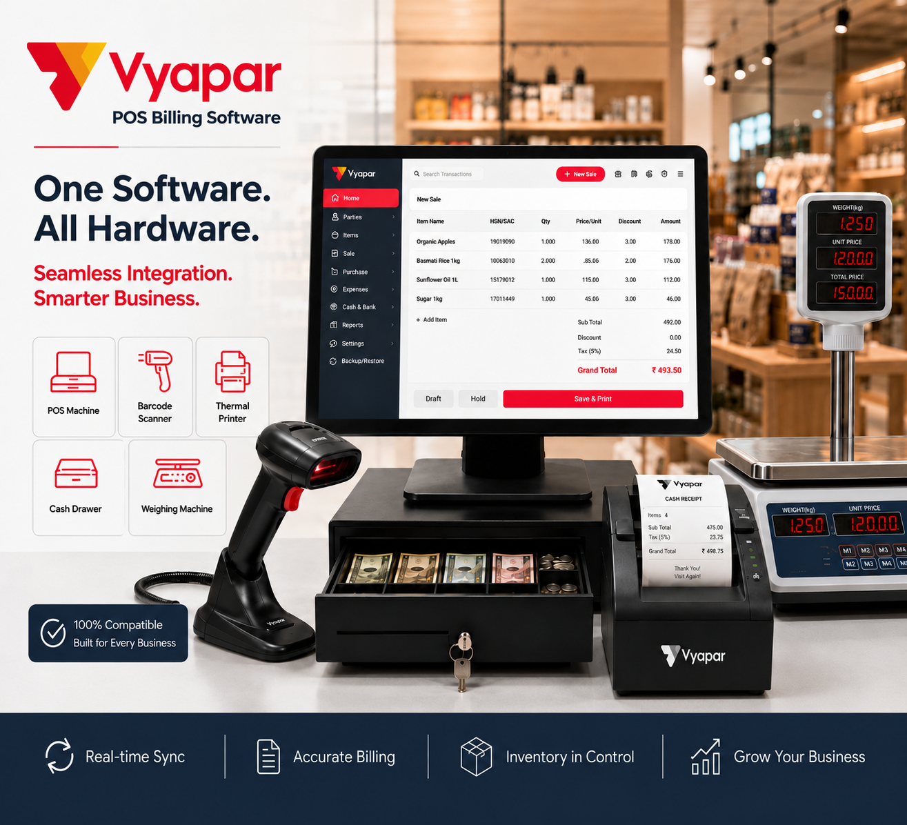 Vyapar POS hardware setup showing POS machine, barcode scanner, thermal printer, cash drawer and weighing machine