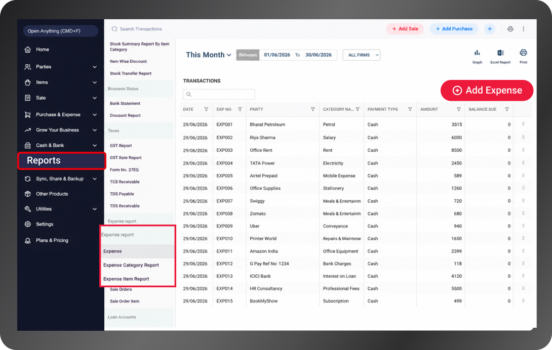Expense report in vyapar free retail billing software