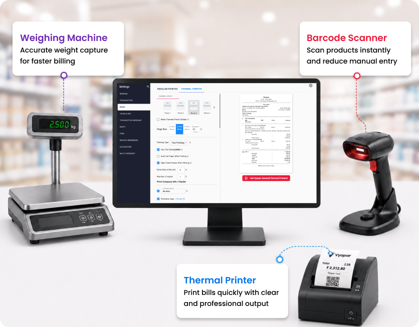 Vyapar hotel billing software hardware setup showing thermal printer, POS machine, barcode scanner and cash drawer
