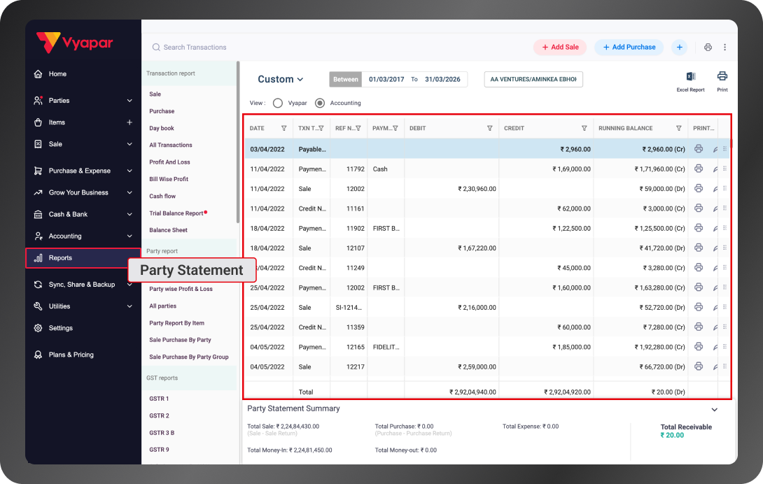 Party and Customer Reports in Jewellery Billing Software
