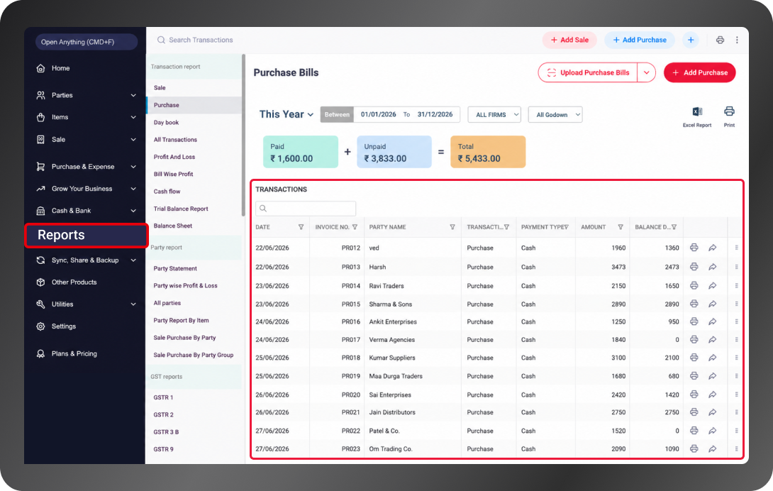 Purchase reports in vyapar retail billing software