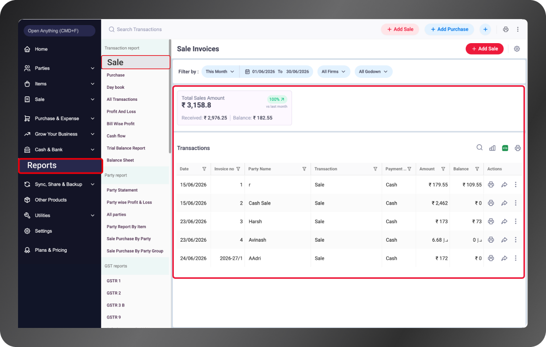 Sales Report in Jewellery Billing Software