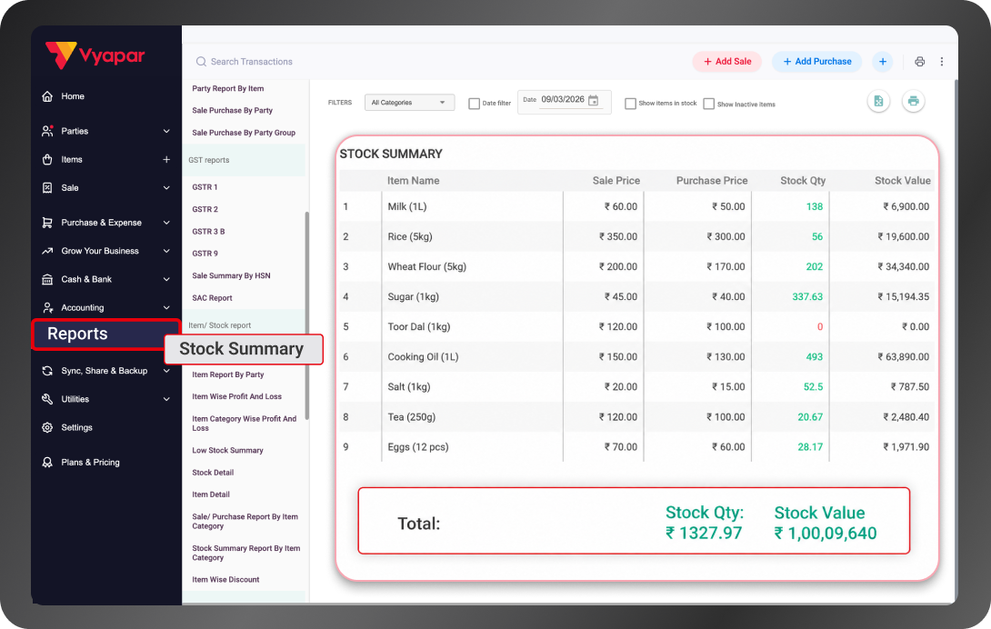 Stock and Inventory Report in Jewellery Billing Software