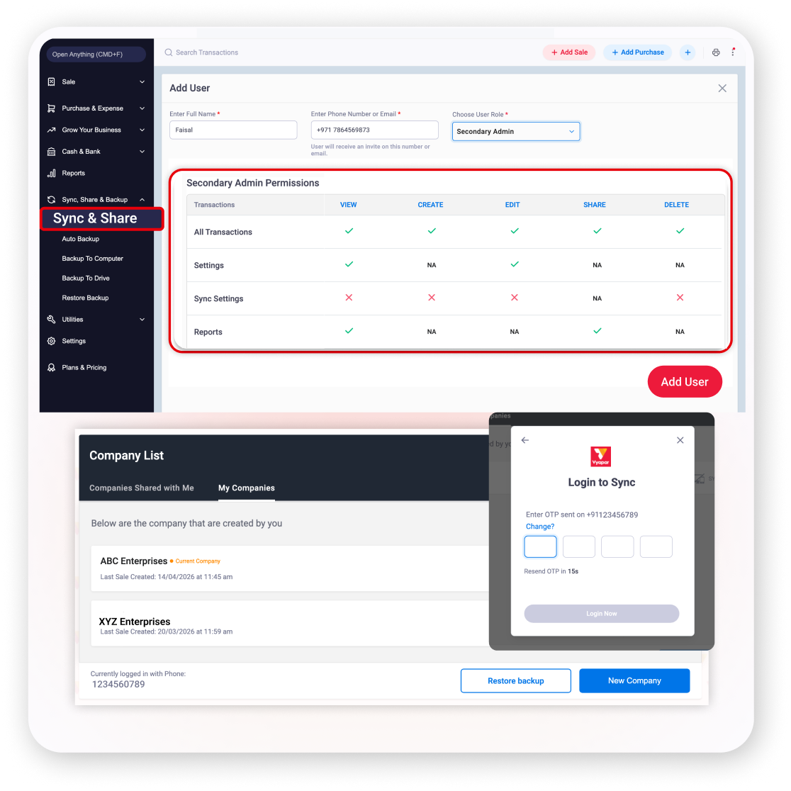 User role permission in Vyapar Retail Billing Software