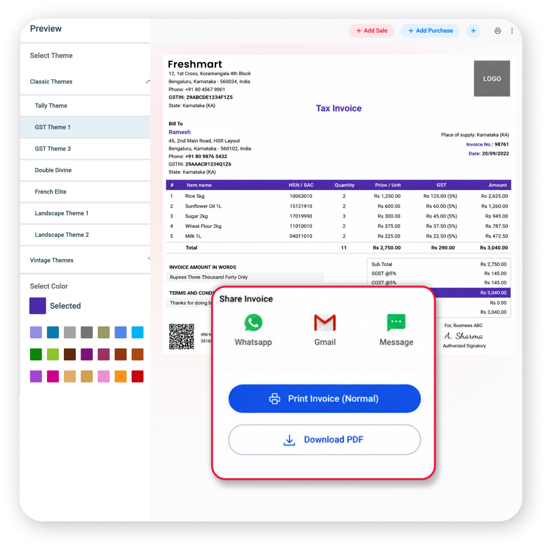 Send Invoices Through WhatsApp, Email or PDF