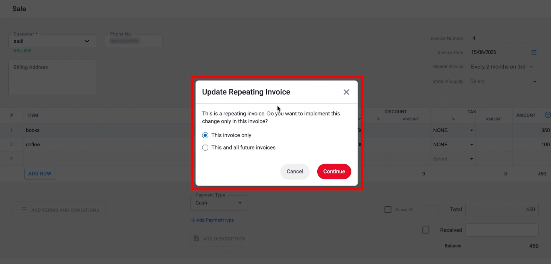 Apply Changes to Future Invoices