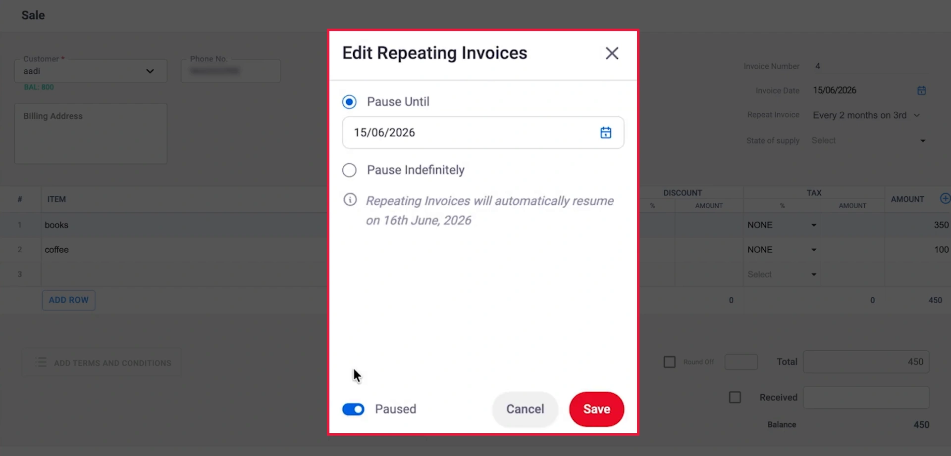 Pause a Recurring Invoice