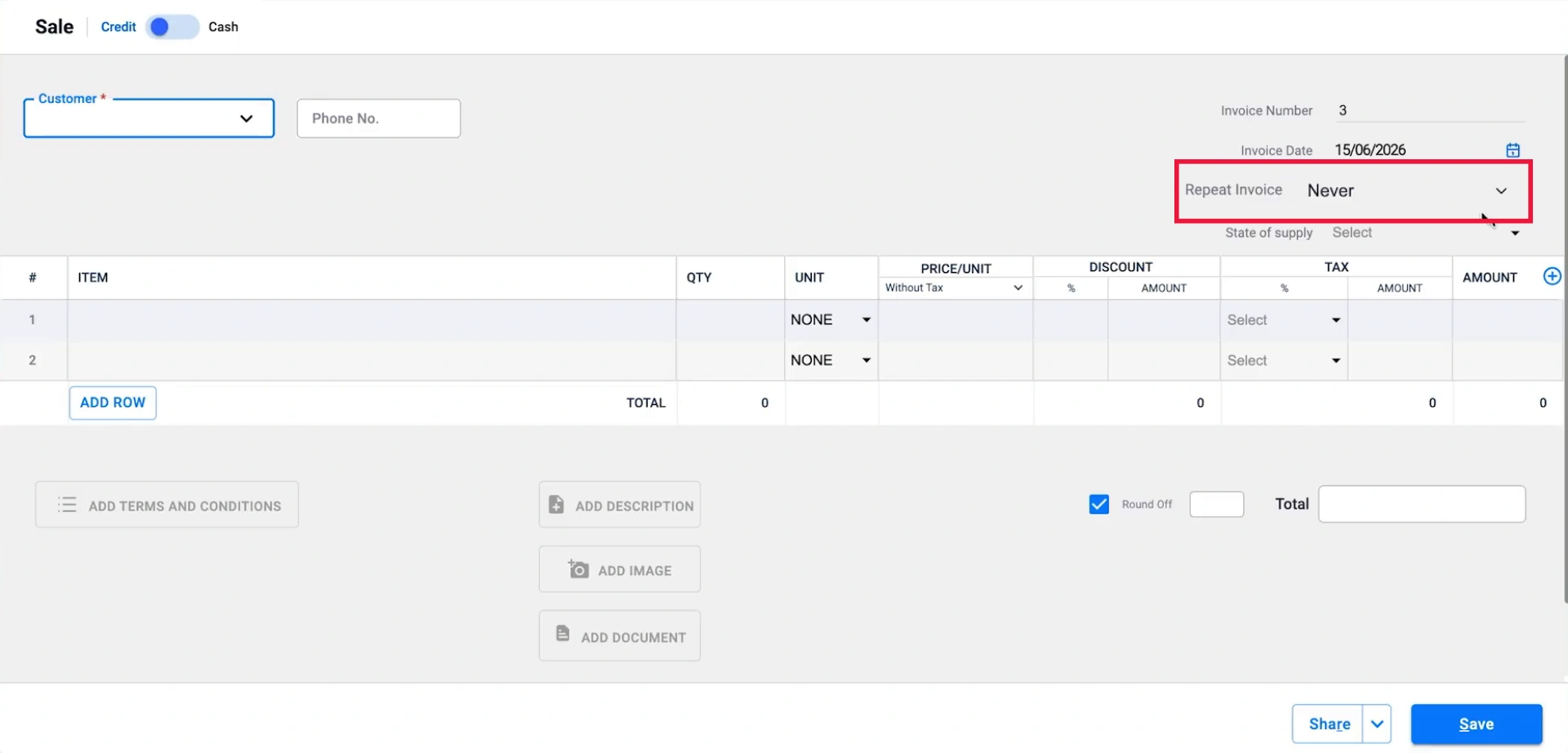 Select Repeat Invoice