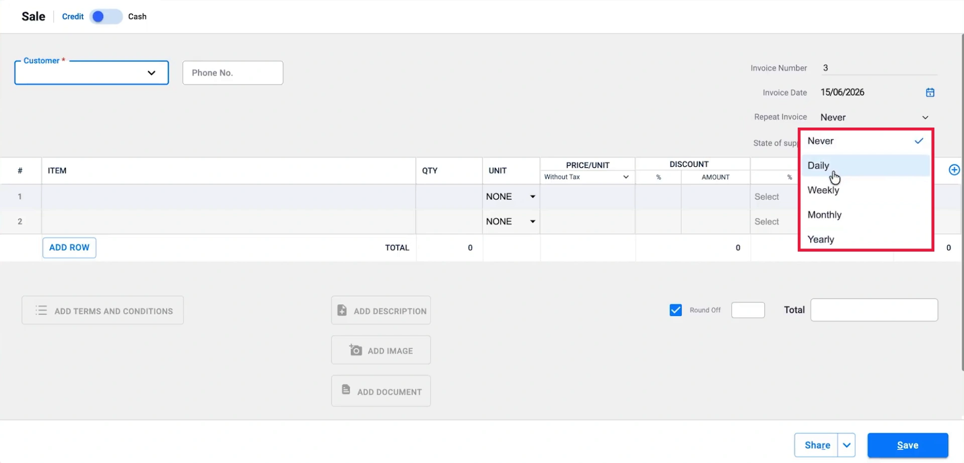 Choose the Invoice Frequency