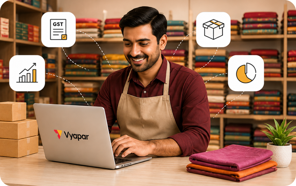 A business owner running billing, reports and inventory from one Vyapar dashboard