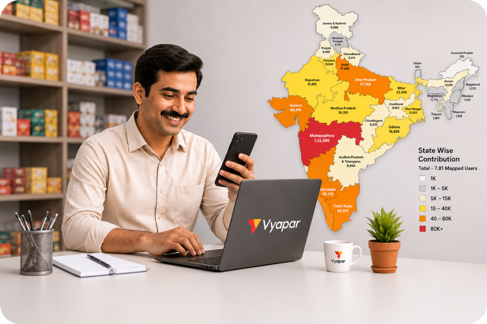 A shop owner using Vyapar beside a map of state-wise usage across India