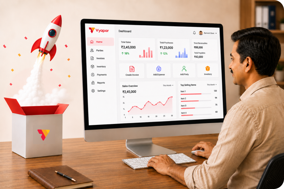 The Vyapar desktop app on a monitor